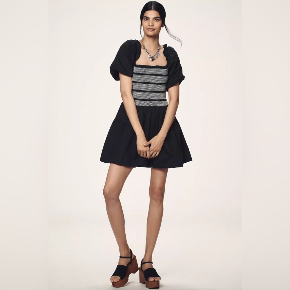 Anthropologie Puff-Sleeve Square-Neck Smocked Mini Dress Size Large